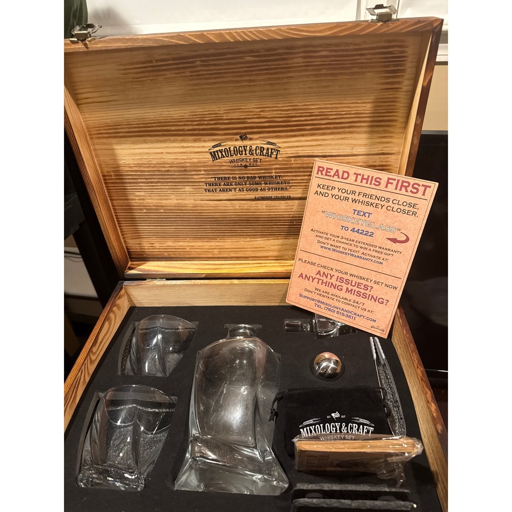 Mixology & Craft Whiskey Set Twisted Decanter Glasses Wood Box Chilling Stones - Picture 5 of 9